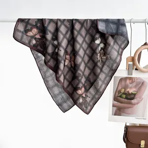 Retro plaid butterfly print square scarf, elegant lightweight silk-feel neckerchief for women.