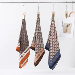 Retro monogram printed square silk scarf for women stylish fashion neckerchief shawl