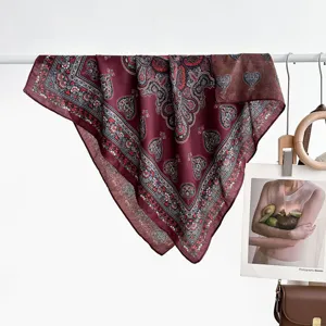 Burgundy paisley silk square scarf for women, retro geometric double-sided printed neckerchief.