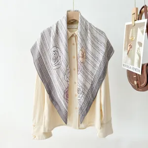 Retro printed square scarf 90cm women elegant floral silk feel wrap shawl for spring summer.