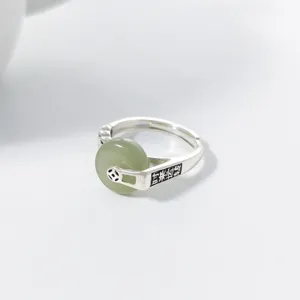 925 Sterling Silver Chinese Retro Nephrite Jade Safety Buckle Ring For Women Vintage Hollow Open Ring Elegant Jewelry