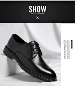 Men's black leather derby dress shoe close-up detail shot with lace-up formal business style.