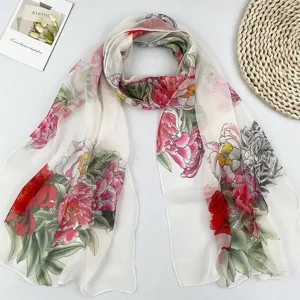 Damen Frühling Sommer Blumen Chiffon Langer Schal Eleganter Pfingstrosen Sonnenschutz