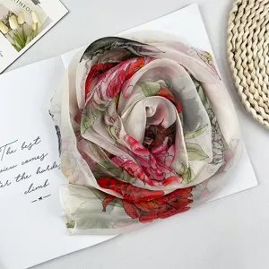 Eleganter langer Seidenschal mit Blumenmuster für Damen, leichtes Chiffontuch retro.