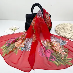 Frühling Sommer Damen langer Chiffon Schal rote Blumen Tuch Sonnenschutz Halstuch Mode