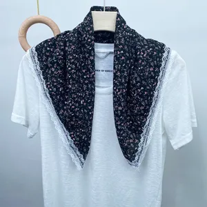 Floral print square scarf with white lace trim, elegant silk scarf for women's daily wear.