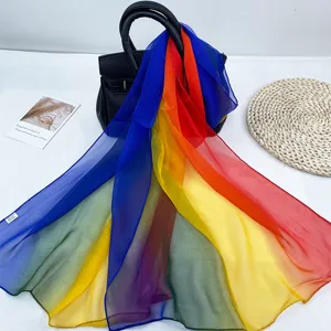 Rainbow gradient silk scarf for women, lightweight breathable summer georgette shawl.