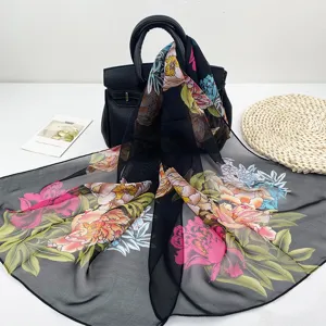 Frühling Sommer langer Chiffon Seidenschal Damen Blumen Sonnenschutz Schal elegant Halstuch