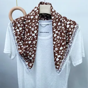 Brown floral silk square scarf with white lace trim, elegant neckerchief for women daily wear.