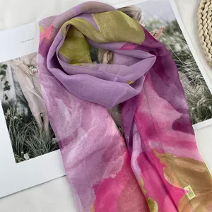 Women's gradient purple pink green lightweight chiffon scarf elegant fashion neck wrap detail.