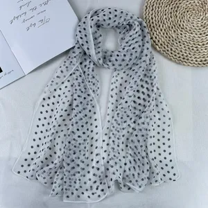 Detail view of the lightweight polka dot sheer scarf, perfect summer accessory for daily wear.
