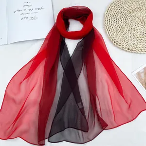 Women red black gradient chiffon scarf soft breathable lightweight summer sun protection shawl