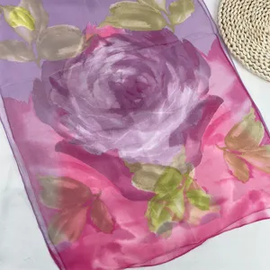 Women's gradient floral sheer chiffon silk scarf, elegant lightweight neckerchief detail.