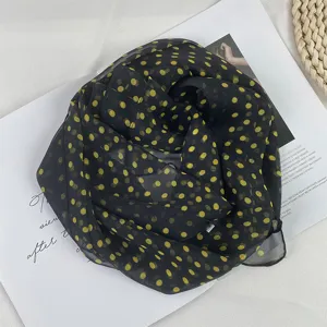 Black chiffon scarf with yellow polka dots, lightweight summer neckerchief and sun protection wrap.