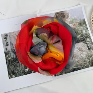 Chiffon gradient silk scarf detail, elegant rose shape design, soft breathable fabric.