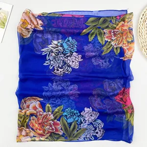 Frühling Sommer langer blauer Blumen Schal Damen Chiffon Sonnenschutz Tuch Halsweide Detail