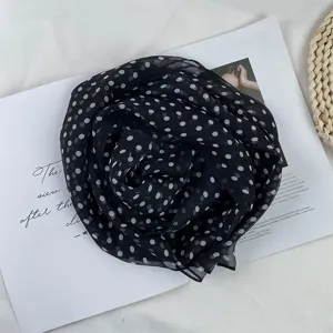 Chic black polka dot chiffon scarf, lightweight summer sun protection neckerchief accessory.