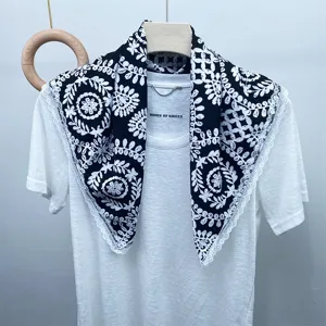 New black and white silk square scarf with elegant lace trim for women spring summer.