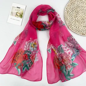 Frühling Sommer Pfingstrose Georgette lange rechteckige Seidenschal Damen Sonnenschutz Mode.