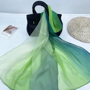 Gradient green silk feeling sheer chiffon scarf, elegant women sun protection summer shawl.