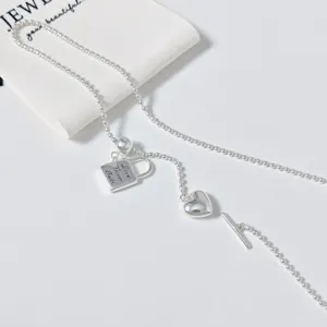 925 Sterling Silver Heart Padlock Y-Shaped Adjustable Necklace For Women Ins Style Sweet Cool Lock Pendant Silver Necklace