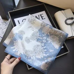 Elegant blue and white floral silk square scarf for women, perfect for spring and autumn.