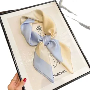Chic two-tone silk square scarf in beige and light blue, elegant neckerchief for women.