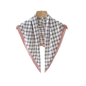Stylish women fashion square scarf with classic monogram pattern and pink border for daily wear.