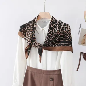 Leopard print square scarf, retro patchwork design, elegant women headscarf and shawl.