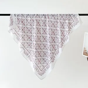 Elegant women's square scarf with intricate purple print, stylish silk-feel shawl wrap.