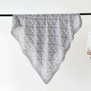 Grey square printed silk scarf 90cm elegant women headscarf fashion daily wear detail