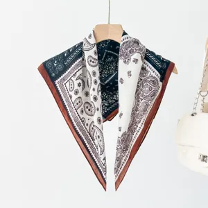 Detailed view of retro paisley print square scarf, elegant decorative neckerchief for women.