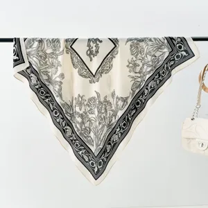 Retro 90cm square silk scarf with elegant black and white floral baroque print for women.