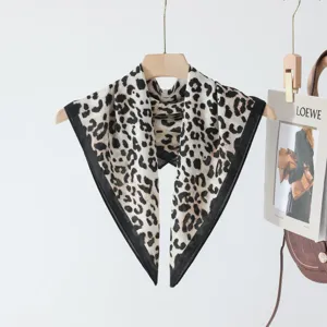 Chic leopard print square scarf with black border, elegant neckerchief for daily wear.