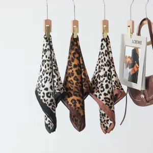 Leopard print square scarf detail display, retro style decorative neck scarf for daily wear.
