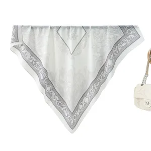 White silk square scarf with vintage grey baroque floral print, elegant women neckerchief.