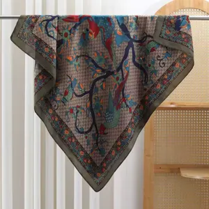 Luxury style silk square scarf with vintage bird and floral print for women fashion daily wear.