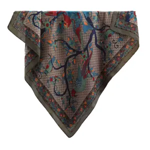 Luxury 90cm square silk scarf with elegant parrot and floral print fashion accessory.