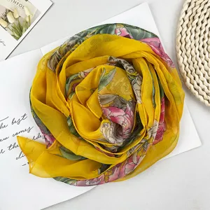 Frühling Sommer Damen lange Seidenschal mit elegantem Pfingstrosenmuster, weiches Tuch.