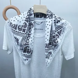 Silk paisley square scarf with delicate lace trim elegant black and white fashion women neckwear