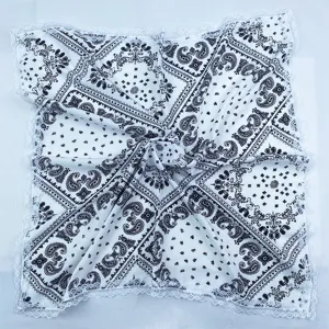 Silk square scarf with classic paisley print and delicate lace trim for women daily wear.