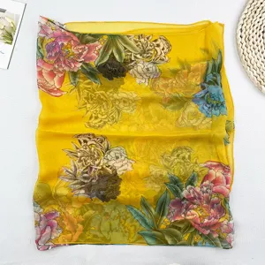 Damen Fruehling Sommer gelber Seidenschal eleganter chinesischer Pfingstrosen Georgette Sonnenschutz.