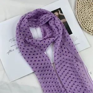Detail view of summer purple polka dot georgette thin scarf lightweight sun protection