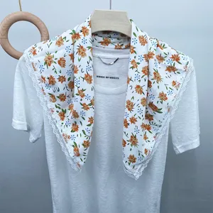 Floral silk scarf with delicate lace trim elegant women neckwear spring summer daily wear accessory