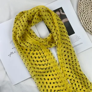 Elegant yellow polka dot chiffon scarf, lightweight summer sun protection neck wrap and shawl.