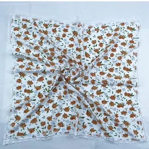 Floral print square silk scarf with white lace trim, versatile retro neckerchief for women.