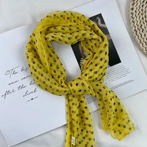 Yellow chiffon polka dot scarf detail, lightweight sheer summer sun protection neckerchief.