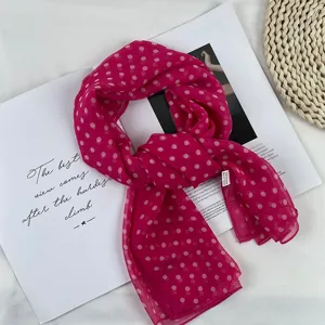 Elegant hot pink polka dot chiffon scarf, lightweight summer sun protection neck wrap.