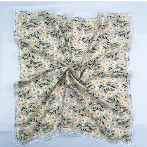 Floral lace trim square scarf for women, elegant spring and summer neck accessory detail.