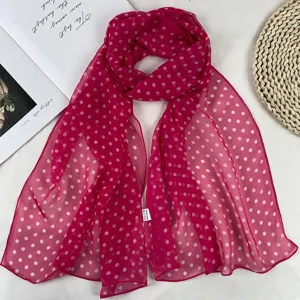 Summer pink polka dot chiffon scarf, lightweight breathable sun protection thin neck scarf.